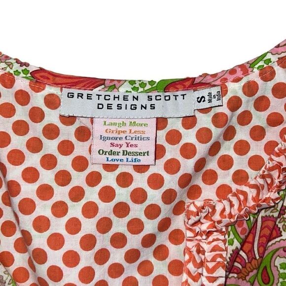 Gretchen Scott Designs Sleeveless Paisley Shift Dress Ruffle Trim Cotton Sz S - Picture 4 of 7